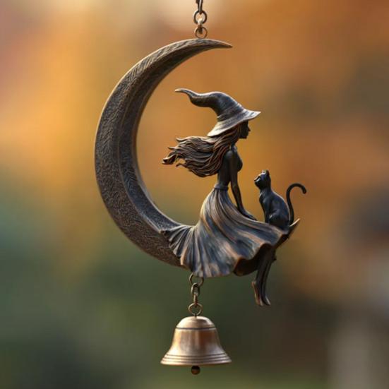 Witch Black Cat Moon Wind Chime Halloween Hanging Metal Wind Bell Ornament with Moon And Cat for Outside Patio Lawn Yard Pathway Garden Porch Decor