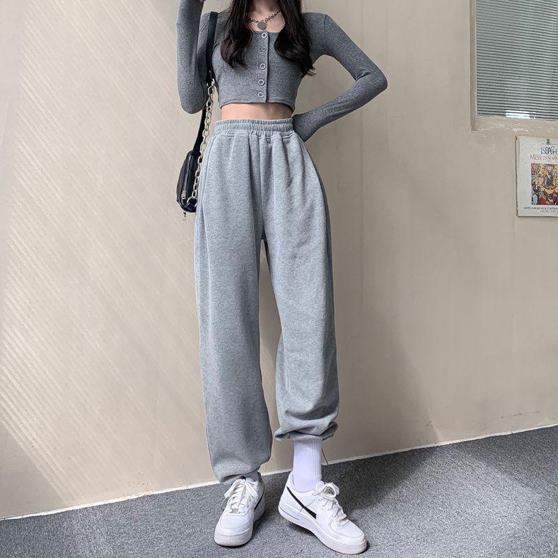 Серые бархатные повседневные брюки для женщин осенью и зимой, утепленные широкие брюки, свободные утягивающие спортивные брюки с высокой талией