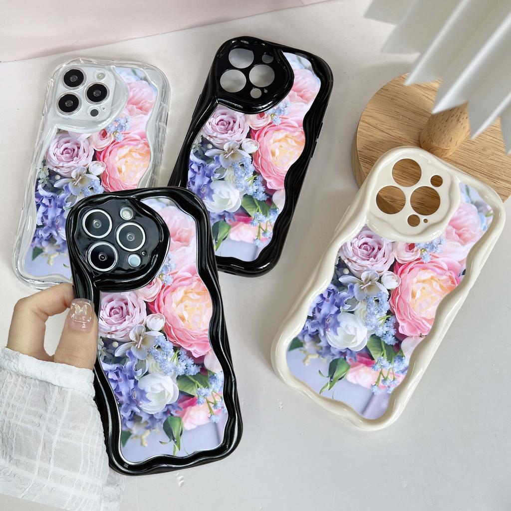 N48 Цветочный пион Ваза Волнистый чехол для телефона для iPhone 15 14 Pro Max 8 Plus Samsung S24 S23 Ultra A54 A14 A34 Xiaomi Redmi 13C Huawei Honor Мягкая задняя крышка