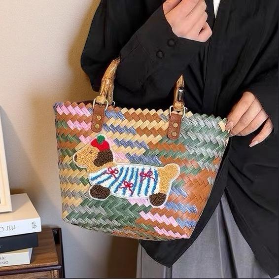 Плетеная сумка-тоут для щенка таксы с бамбуковой ручкой, винтажная пляжная сумка