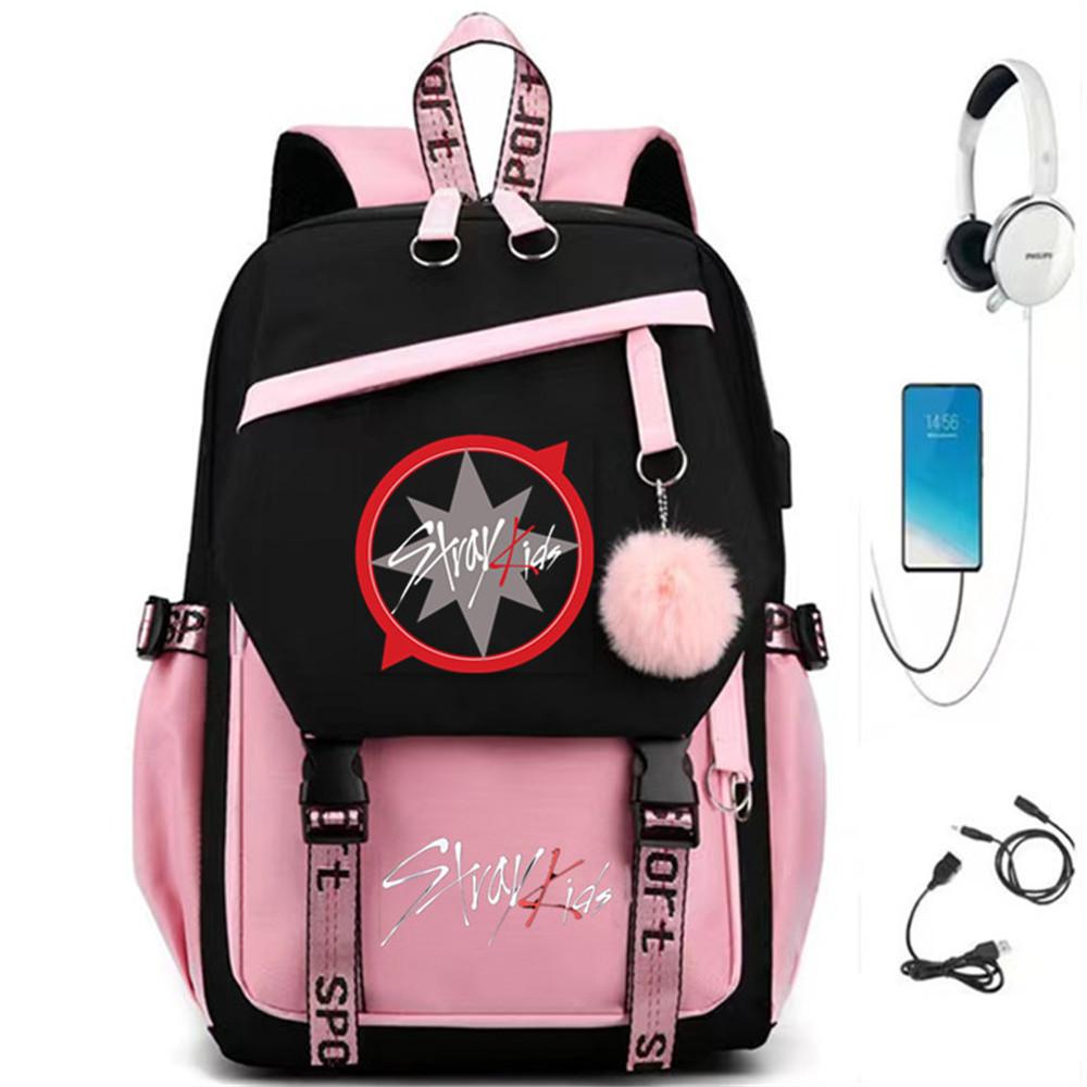 Straykids Комбинация Периферия С Рюкзаком Рюкзак Школьная Сумка USB Зарядка Студенческая Большая Вместимость