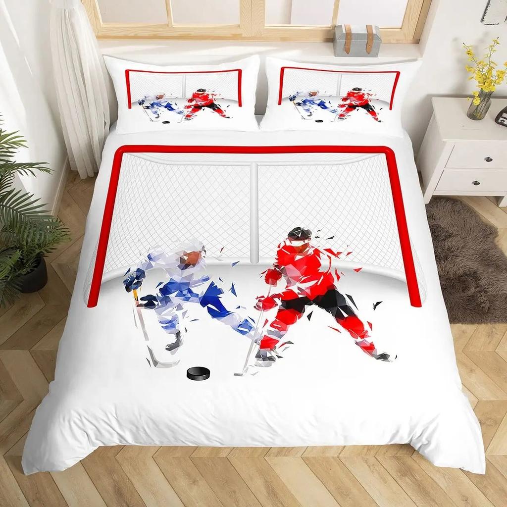 Ice Hockey Duvet Cover Helmet Skates Comforter Cover Winter Ice Sports Games Bedding Set for Boys Puck Hockey Player Quilt Cover