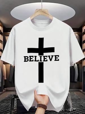 Men O Neck Tee Cross Believe Faith Letter Print Cotton Short Sleeve Loose Oversized Summer Stre