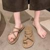 Сандалии на плоской подошве для интернет-знаменитостей, женские, лето 2024, новый комплект с перемычкой между пальцами, повседневные уличные шлепанцы, квадратный носок, пляжные шлепанцы