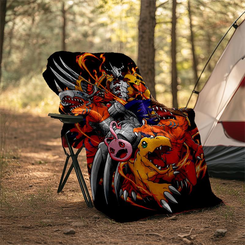 1pc Digimon Theme Blanket - Digital Print, Polyester, Cozy for All Seasons, Perfect for Outdoor, and Travel