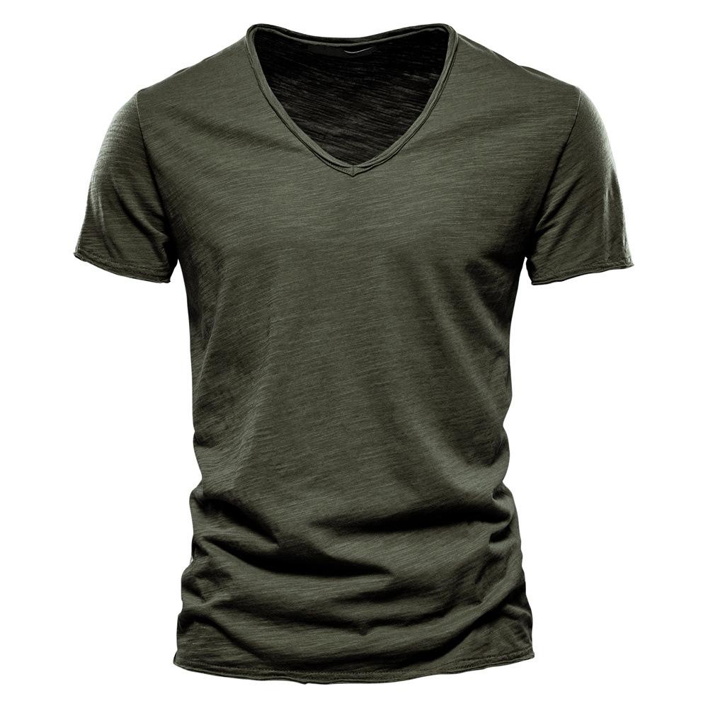 Men's New Solid Color V-neck Short Sleeved T-shirt Made of Pure Cotton