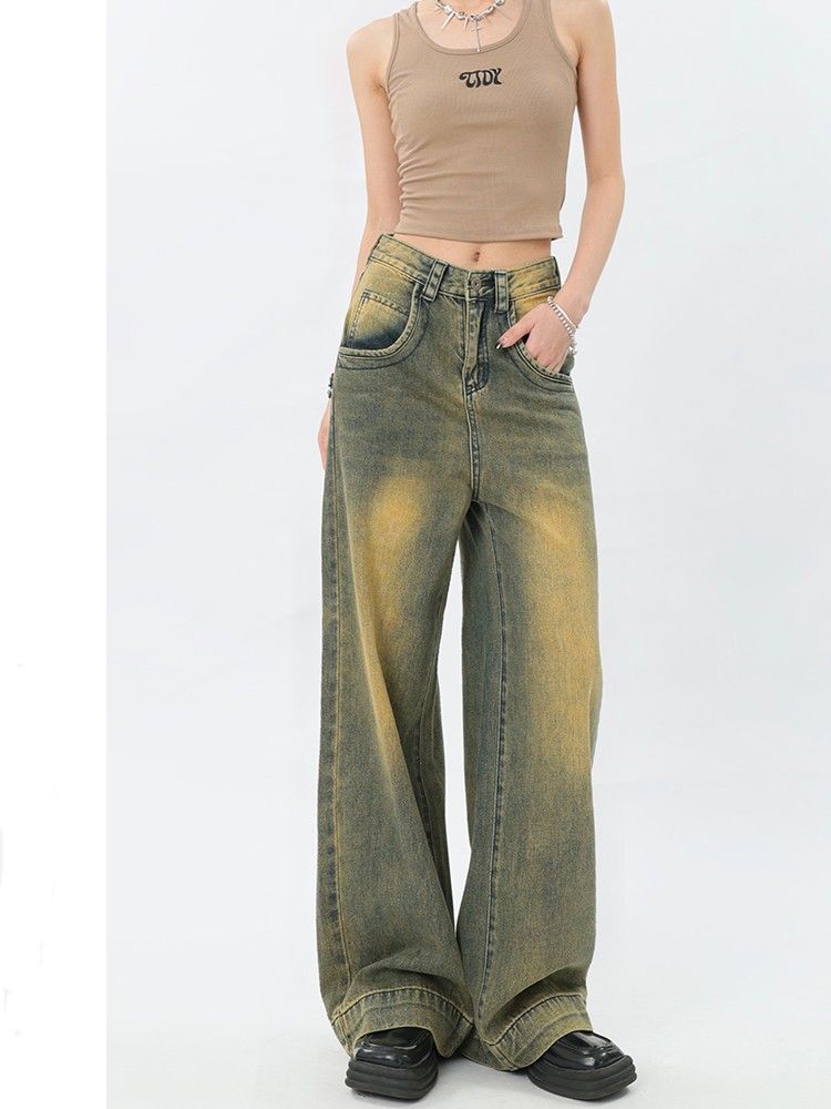 Американский ретро-градиентный дизайн, прямая трубка с высокой талией, свободные и узкие новые женские джинсы в стиле ретро.