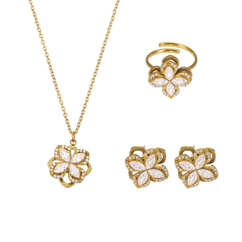 LT-TXF308 Zircon Four-Petal Flower Necklace Ring Earrings Set Women Trendy and Elegant Titanium Steel  Trendy