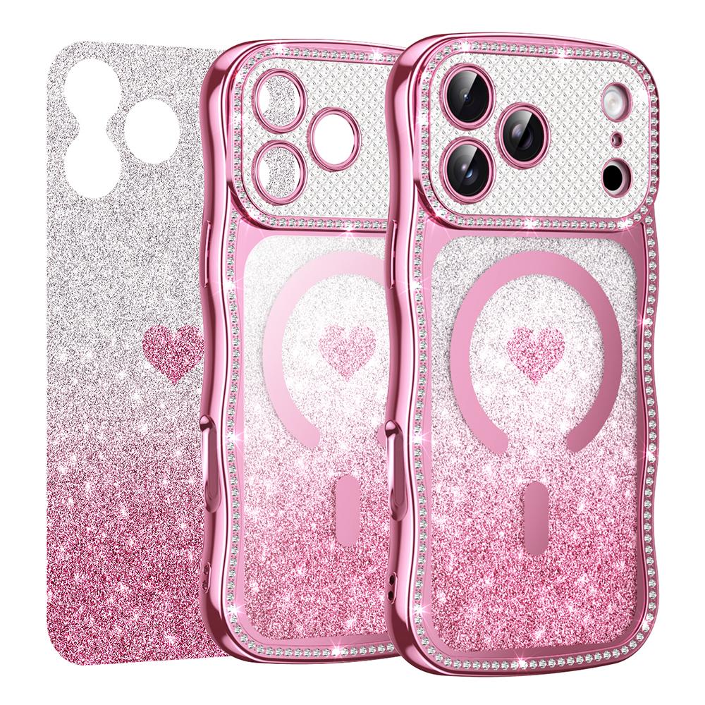 Для iPhone 17 Pro Магнитный чехол Электроокрашенный Волнообразный каркас Декор из страз ТПУ ПК Чехол для телефона с блестящей бумагой в виде сердца