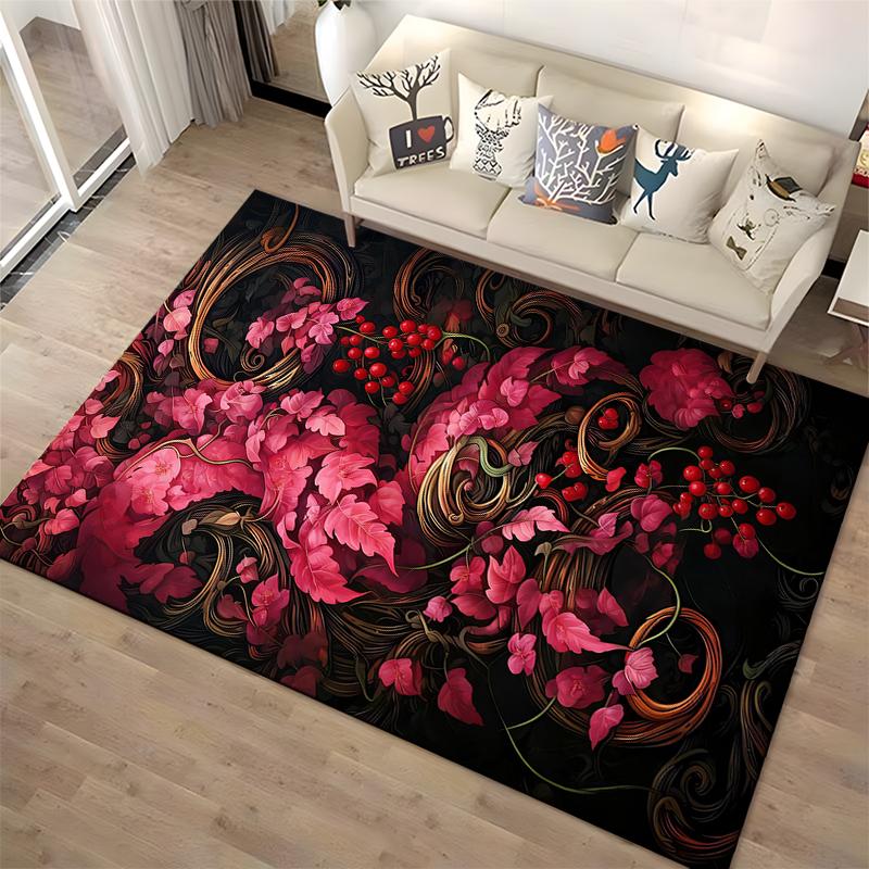 Floral Design Carpet with Pink Leaves and Berries on Black Background Suitable for use as an anti-slip for living room bedroom sofas