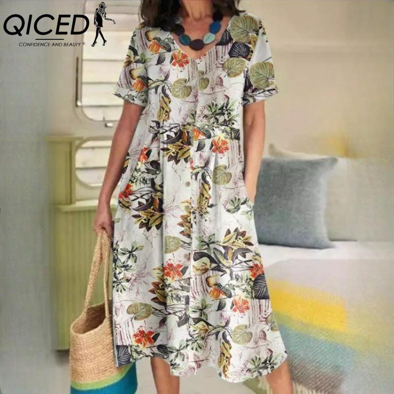 QICED Женские модные летние весенние однотонные повседневные платья с v-образным вырезом и короткими рукавами и высокой талией