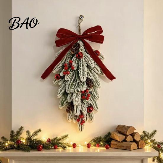 Winter Holiday Home Decor Flocked Christmas Teardrop Swag for Front Door, Artificial Pine with Red Wreaths Berries Velvet Bow, Snowy Hanging