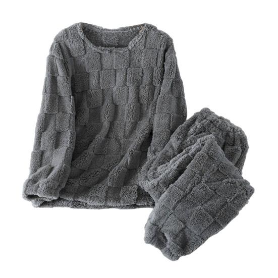 2 Pcs/Set Winter Pajamas Set Thickened Coral Fleece Checked Texture Round Neck Long Sleeves Top Wide Leg Elastic Waist Trousers Homewear Loungewear