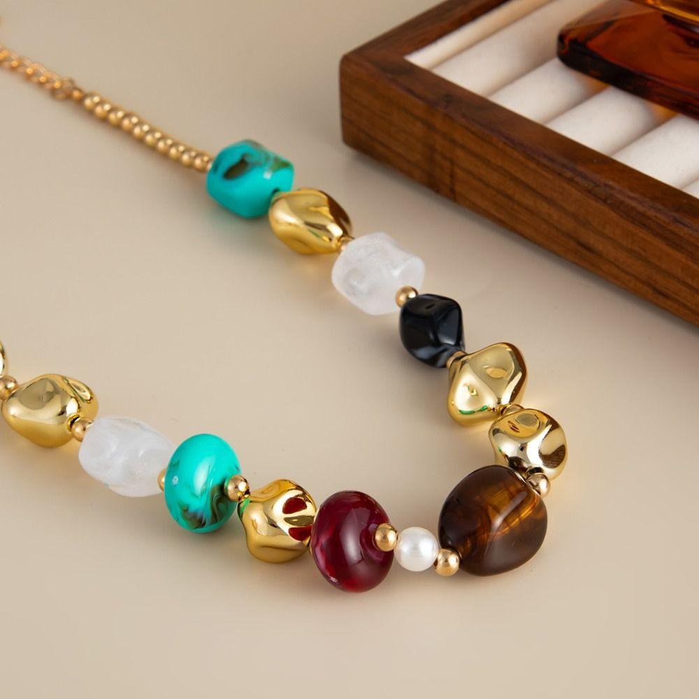 Bead Colorful Resin Necklace Vintage Clavicle Chain Creative Beads Short Choker  Gift