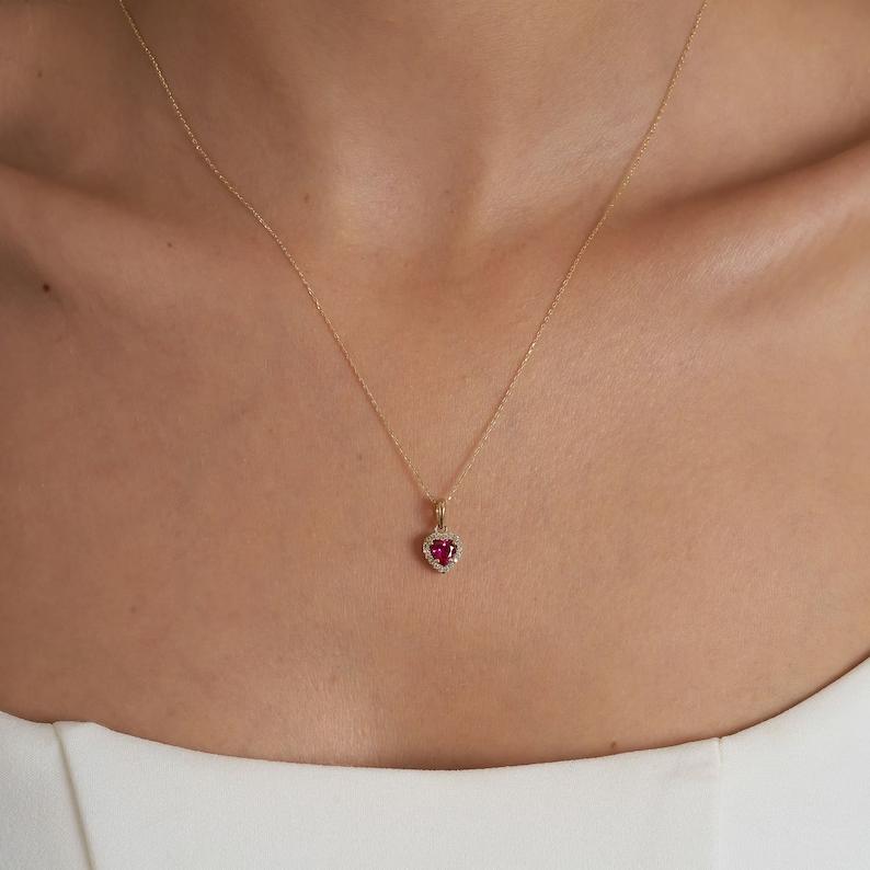14K Yellow Gold Heart Shape Red Ruby Gemstone Necklace for Girl's and Women's, July Birthstone Pendant