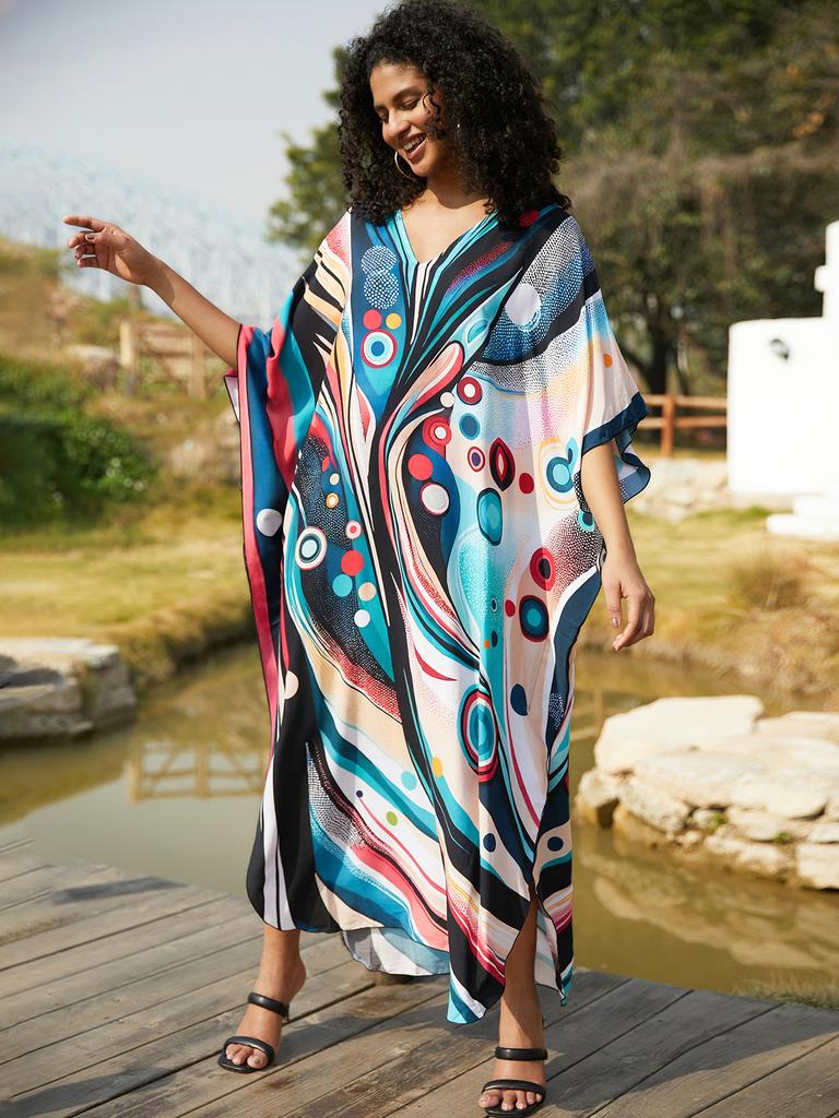 Printed Beach Dresses Viscose Kaftans for Women Summer Plus Size Loose Robe Holiday Living Room Bathing Suits