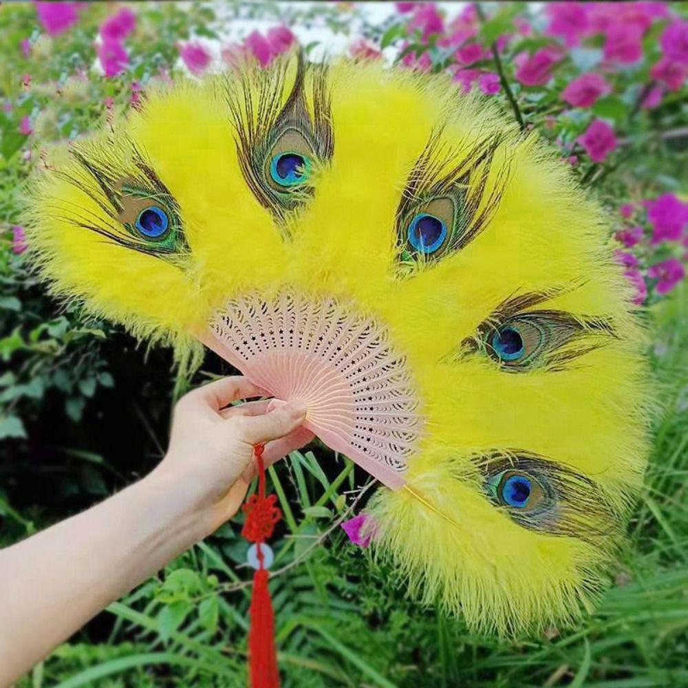 Handheld Peacock Feather Fan With Tassel Feather Dance Fan Folding Hand Fan Home Decoration