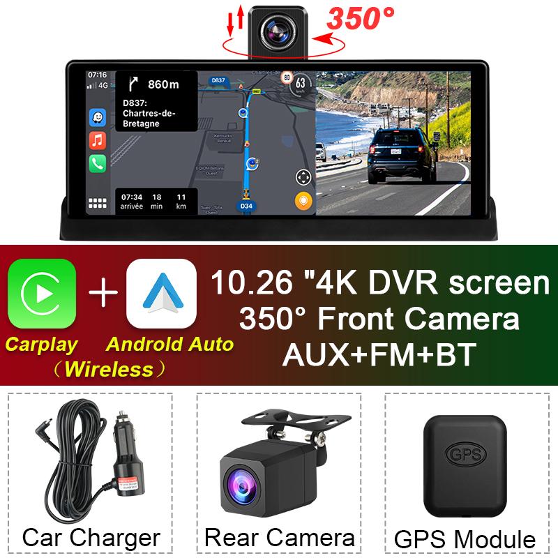10,26-дюймовый автомобильный видеорегистратор 4K-камера Беспроводная Carplay Android auto Ai-экран Приборная панель Видеорегистратор Двойной объектив GPS-навигация Видеорегистратор AUX