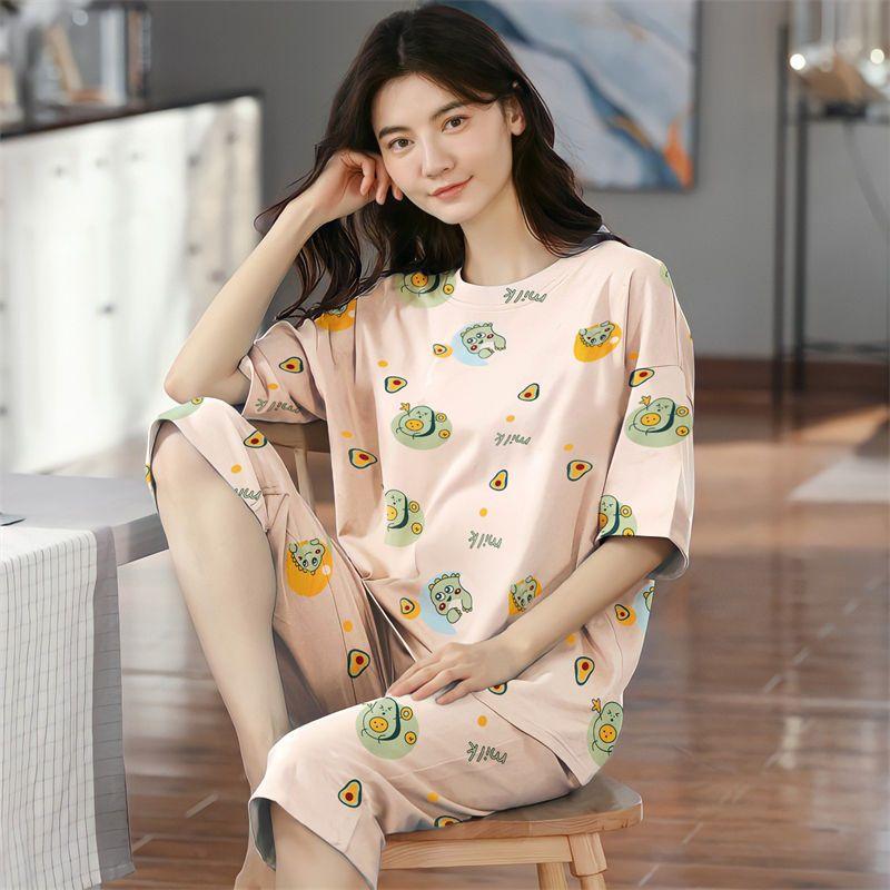 Летние капри в клетку женские пижамы для сна с короткими рукавами пижамные комплекты с рисунком пижамы из полиэстера 3XL 5XL домашняя мода