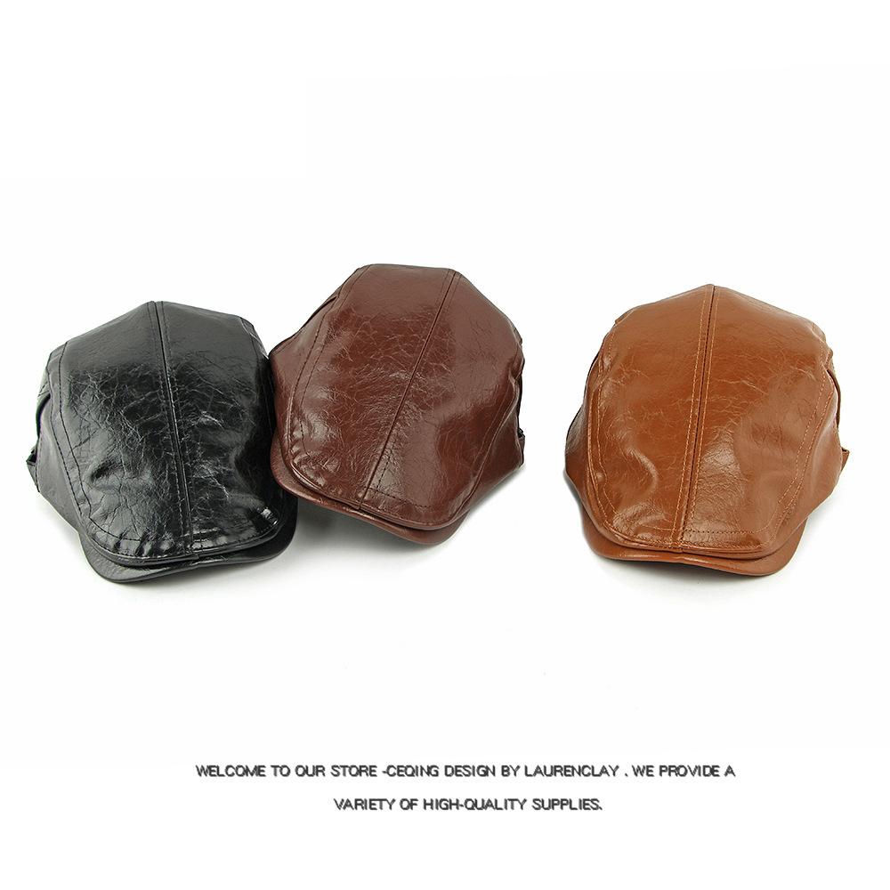 Autumn Winter Hat Men's PU Leather Beret British Retro Forward Hat Warm Peaked Cap