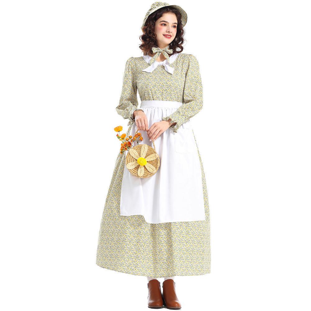 Prairie Colony Yellow Floral Pioneer Costume Dress with Apron for Halloween