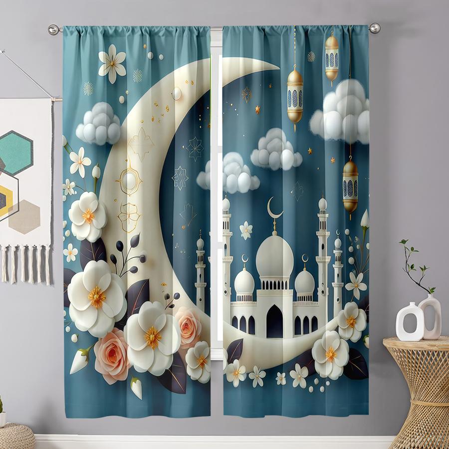 2 шт. Синие Нижние Полумесяц Исламский Элемент Шторы, Романтический Стиль, Гостиная и Спальня, Декорация с Карманчиком для Штанги