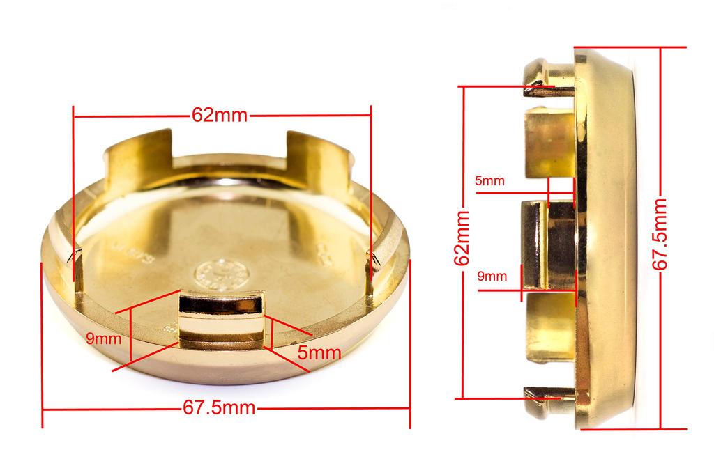 Gold Wheel Center Caps, 67.5mm and 62mm, Set of 4
