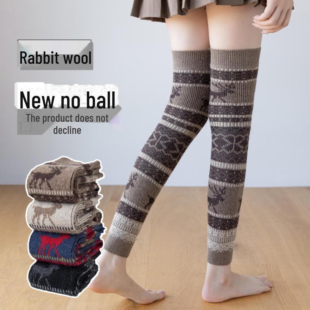 Женские теплые носки выше колена из кроличьей шерсти с рождественским оленем - Толстые леггинсы осень/зима