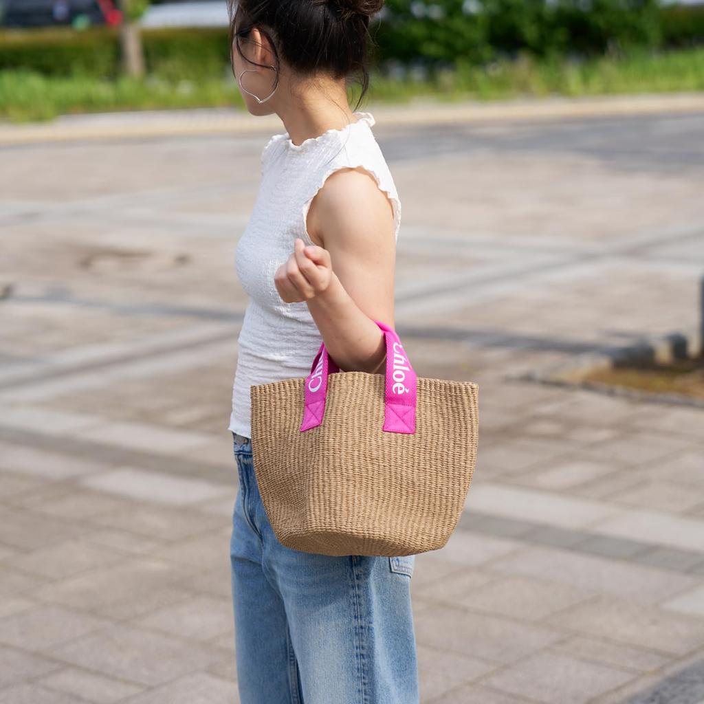 Сумка-тоут коричневая розовая корзина сумка детская KIDS Mifuko Collaboration Grosgrain Ribbon Trim C20045 49L [Chloe] женская [Товар]