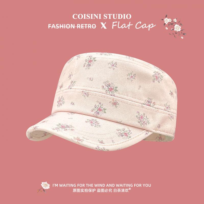 Retro floral flat top cap women's spring and summer new fashionable versatile face small fresh travel equestrian hat
