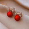 1 Pair Women Earrings Rhinestone Bow Red Faux Pearl Stud Earrings New Year Ear Studs Prom Dating Party Earrings New Year Gift