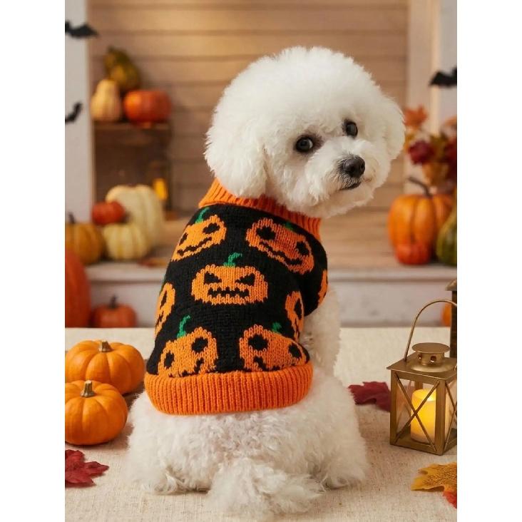 1pc Pumpkin Face Printed Pet Sweater Small And Medium Sized Dog Halloween Ghost Festival Color Blocked Warm Knitted Sweater Pet Clothing