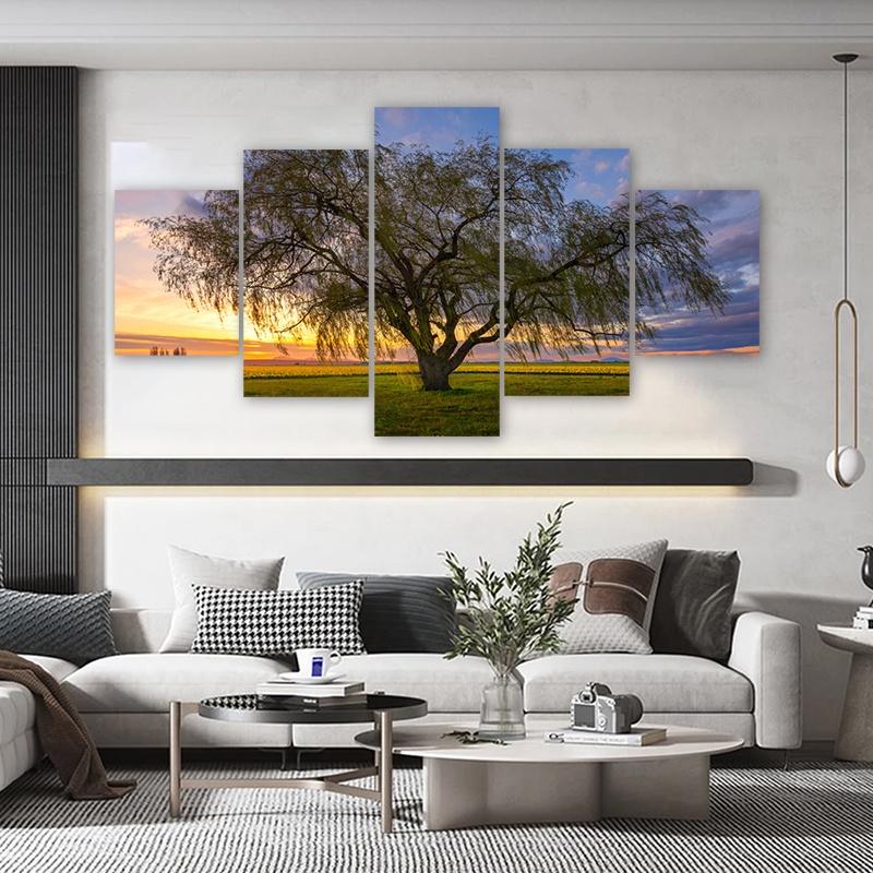 5 Panels Landscape Tree Posters Canvas Painting Sunset Sky Pictures Prints Wall Art For Living Room Modern Home Decor No Frame