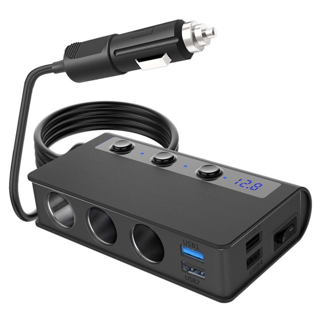 Автоматический разветвитель прикуривателя, автомобильное зарядное устройство QC 3.0 180 Вт, 12 В/24 В с 3 розетками, макс. 6,6 А, 4-портовая быстрая зарядка USB, независимые переключатели и дисплей напряжения
