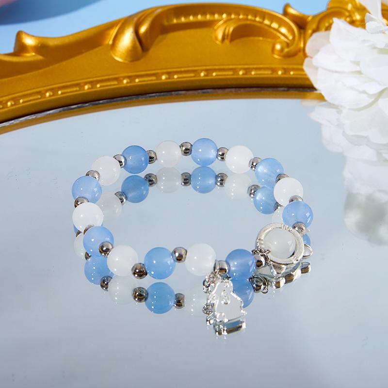 Rabbit Pendant Opal Beaded Bracelet Ins Aqua Blue Moonstone Hand String Chain For Girlfriend Couple'S Gifts Jewelry