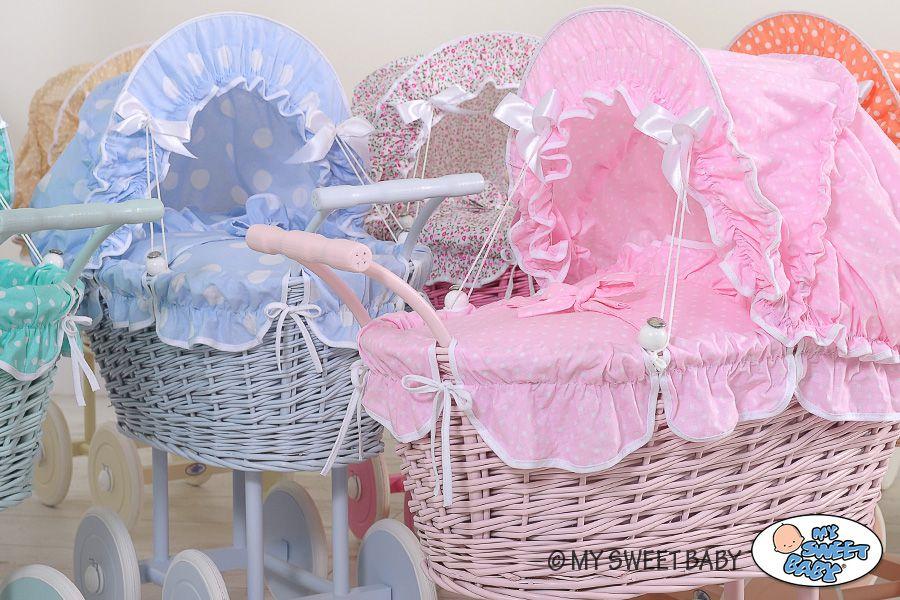 Tall Wicker Doll Pram with Pink Bedding and Lining Natalia Natural