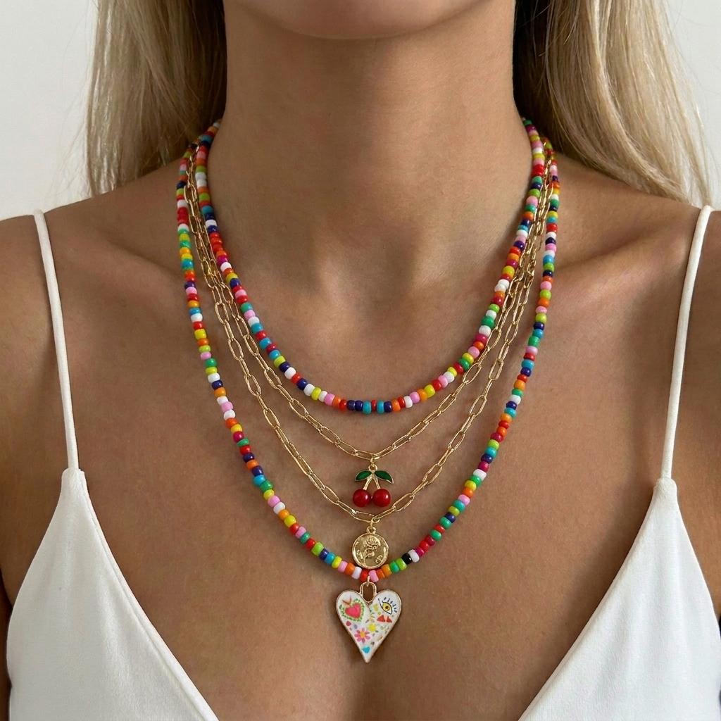4pcs Lucky Blue Evil Eye Pendant Necklaces Set for Women Bohemian Colorful Heart Multilayer Beaded Necklaces Stacked Jewelry
