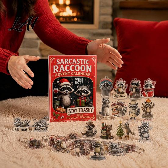 Decorative Raccoon Figures Advent Calendar 24 Days 2D Acrylic Ornament Countdown Hanging Decorations Collectible Cute Pendents for Home Tree,