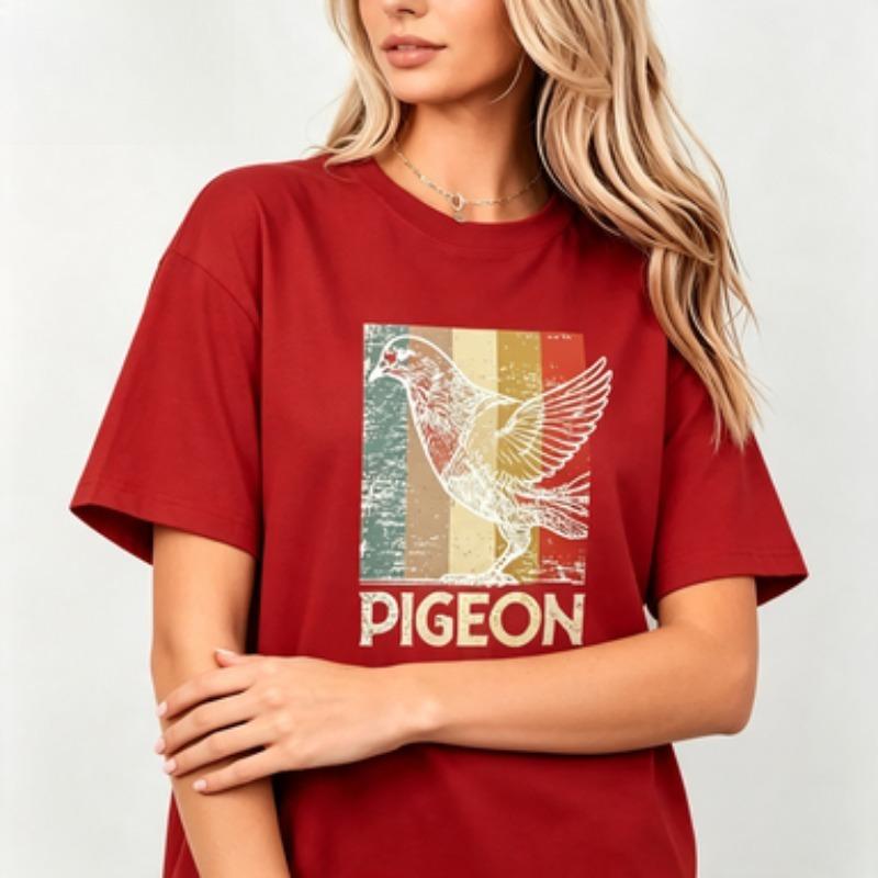 Vintage Style Unisex Cotton Tshirt Distressed Pigeon Outline Print Retro Color Block Bird Graphic Casual Daily Short Sleeve Tees