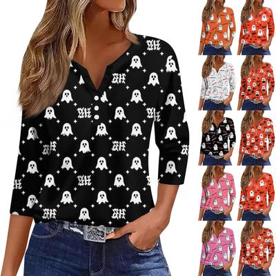 Жен. Футболка Футболка С принтом Пуговицы Рукав 3/4Ежедневно Выходные Мода Классический Топ с v-образным вырезом Обычный