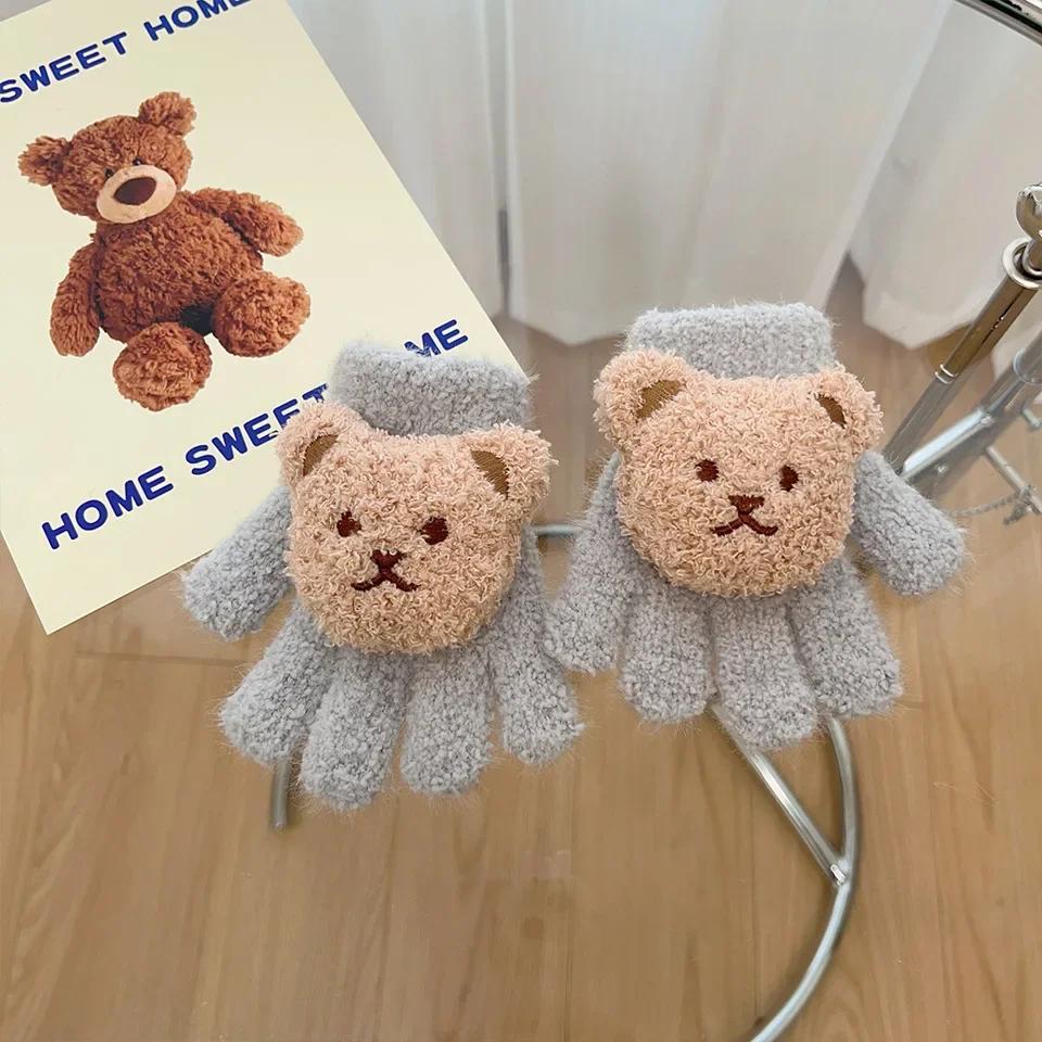 1 Pair Warm Otudoor Kids Glove for Boy Girl 3D Cute Cartoon Bear Glove for Toddler Sweet Autumn Winter Thicken Warm Baby Glove