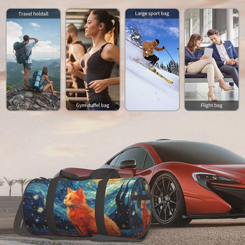 Vincent Van Gogh Blue Starry Night Cat Travel Duffel Bag Unisex Lightweight Yoga Gym Sports Bags Portable Waterproof Luggage Bag