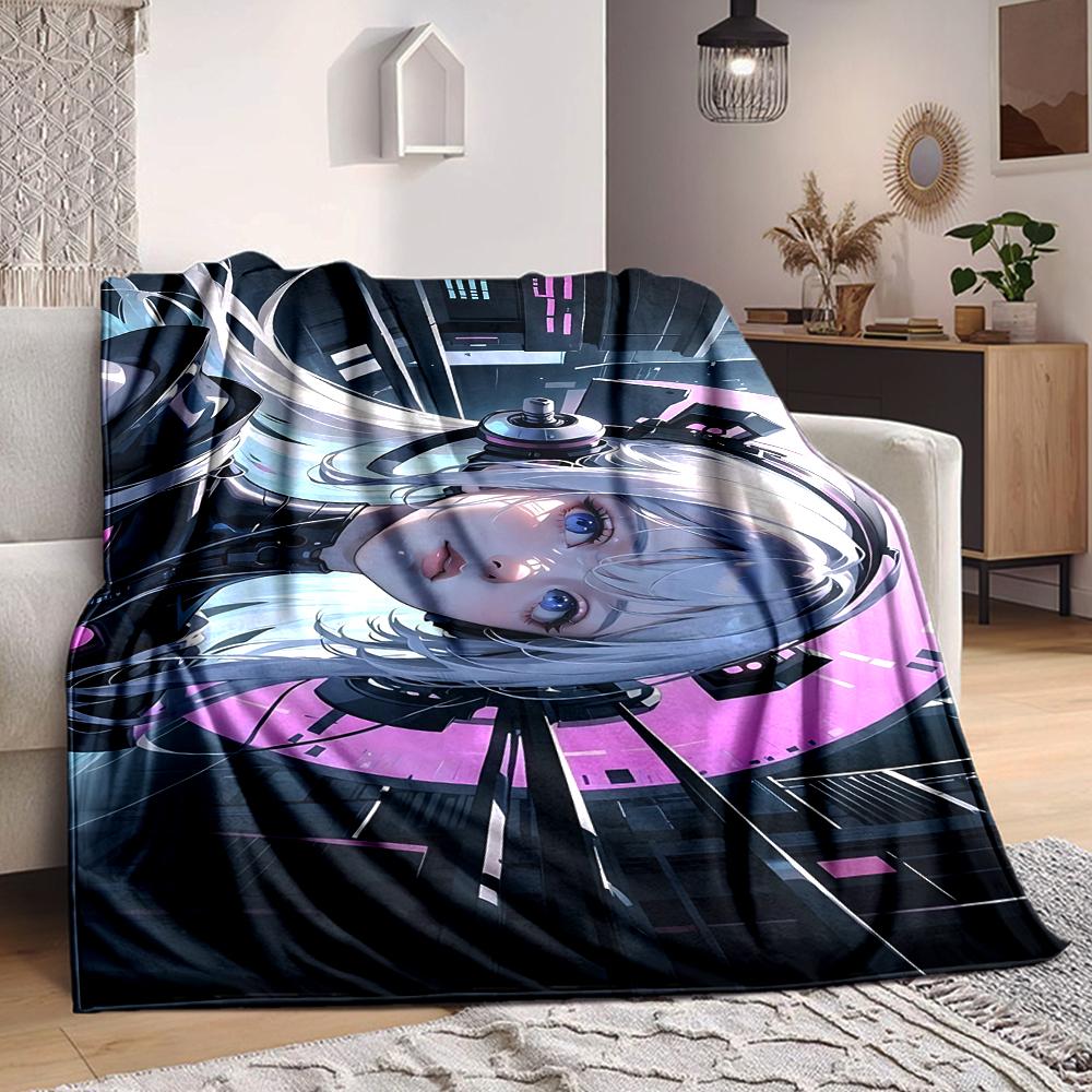 1Pc Cyberpunk Future Girl Flannel Blanket, Soft And Comfortable, Casual Warm, Camping Travel, Christmas, Halloween Xmas Gift S1236