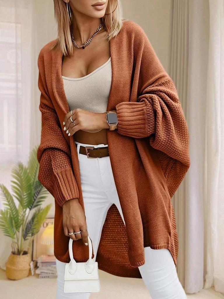 Женский oversized длинный кардиган-свитер с открытой передней частью, рукава летучая мышь, осенний трикотаж
