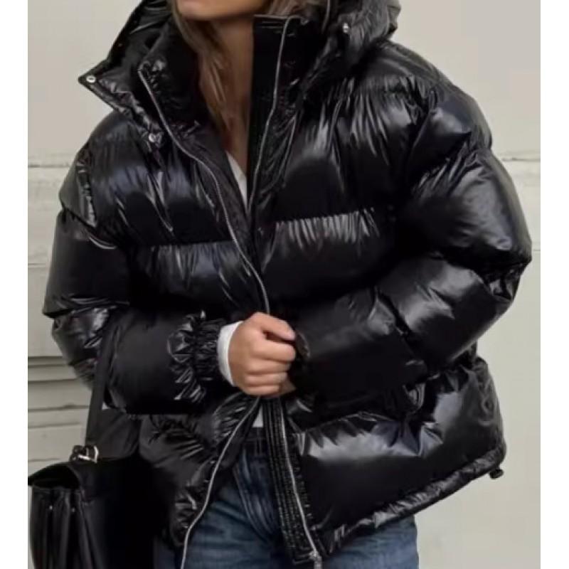 Ins Style Winter Hooded Puffer Jacket Solid Color PU Leather Cotton Coat Loose Fit Women
