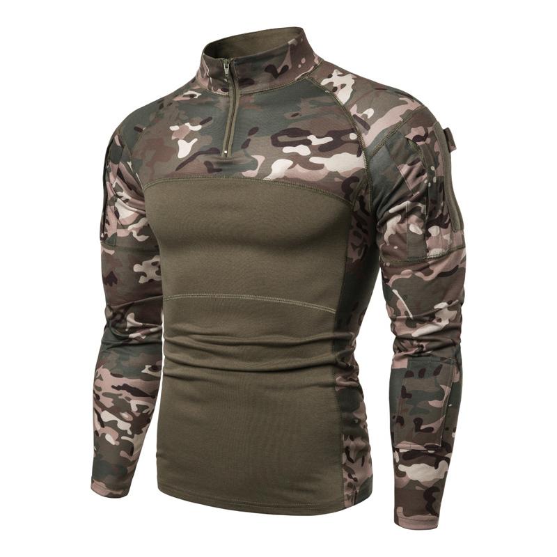 Мужская камуфляжная футболка с длинным рукавом, эластичные рубашки на молнии, военная тактическая рубашка
