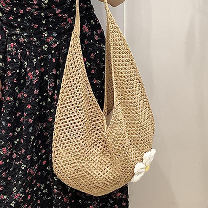 Women'S Braided Bag Korean Style Shoulder Tote Bag Lazy Style Knitted Hollow Flower Beach Bag
