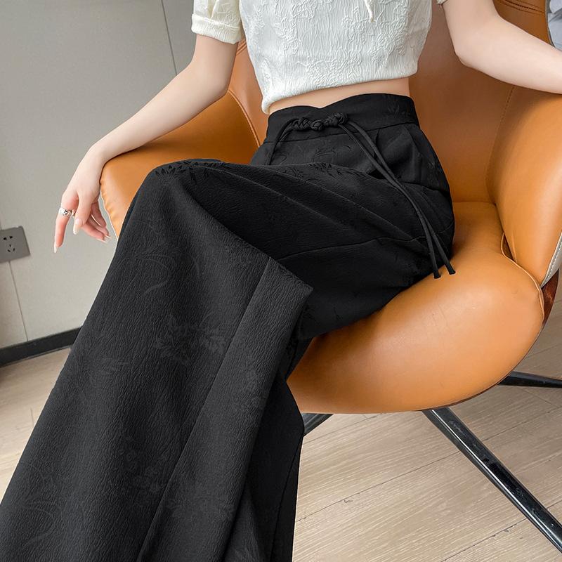 Широкие брюки с пластинчатыми пуговицами для женщин, весенние и летние жаккардовые атласные прямые брюки в национальном стиле с высокой талией, повседневные драпированные брюки