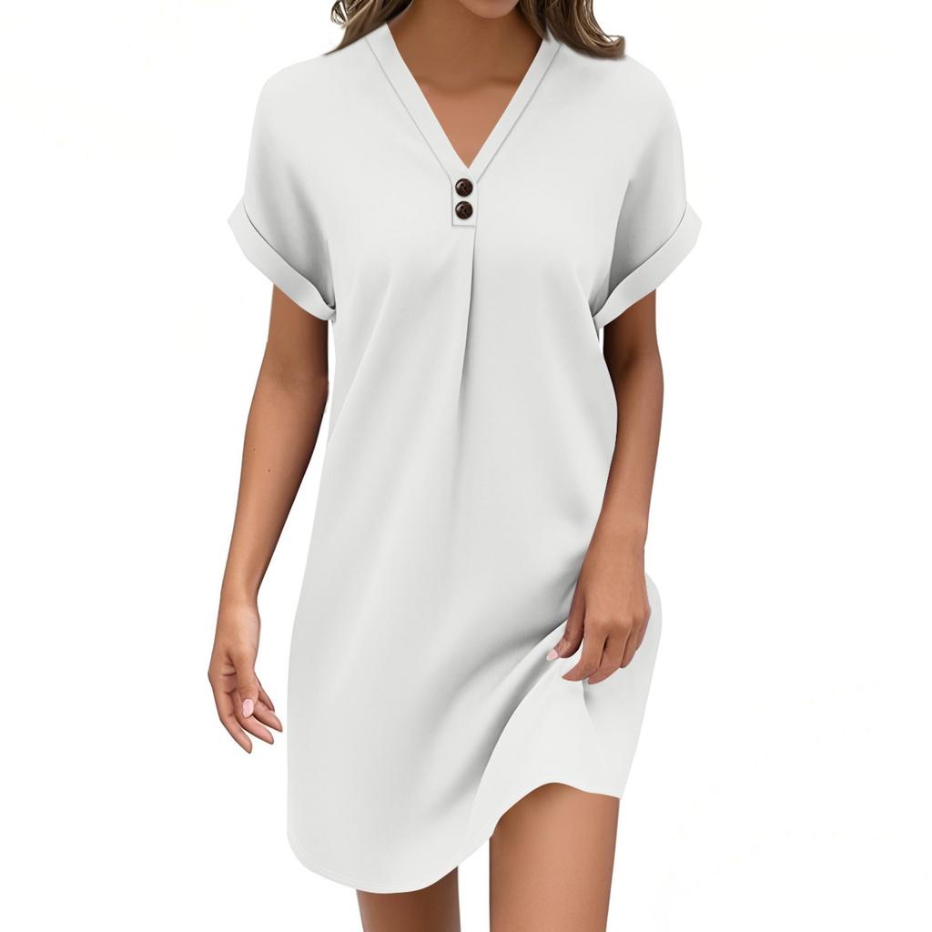 Women's Fashion V-neck Solid Color Pullover Casual Button Dress