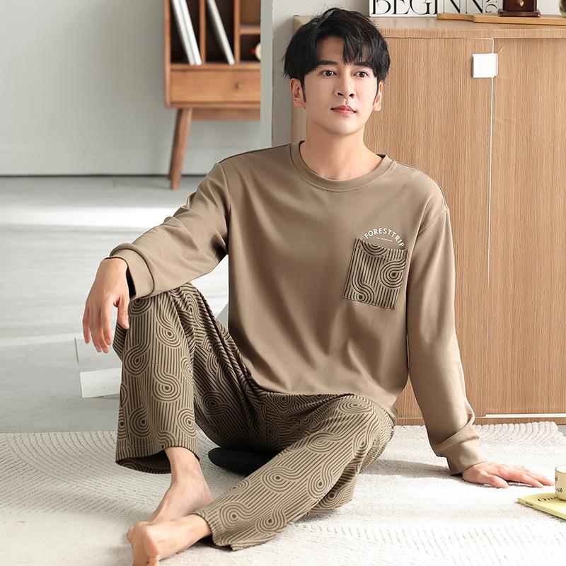 Pajamas Men'S Spring And Autumn Cotton Long Sleeve Autumn Crew Neck Pullover Sports And Leisure Cotton Homewear Suit